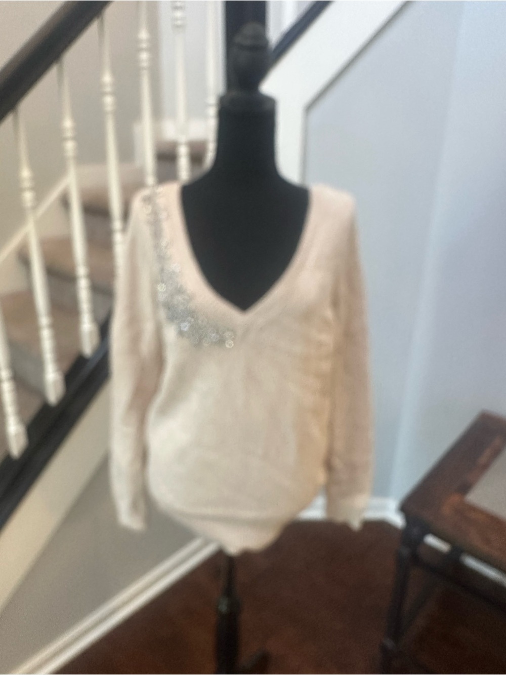 WHBM Champagne Sequin Embellished V-Neck Sweater Size M